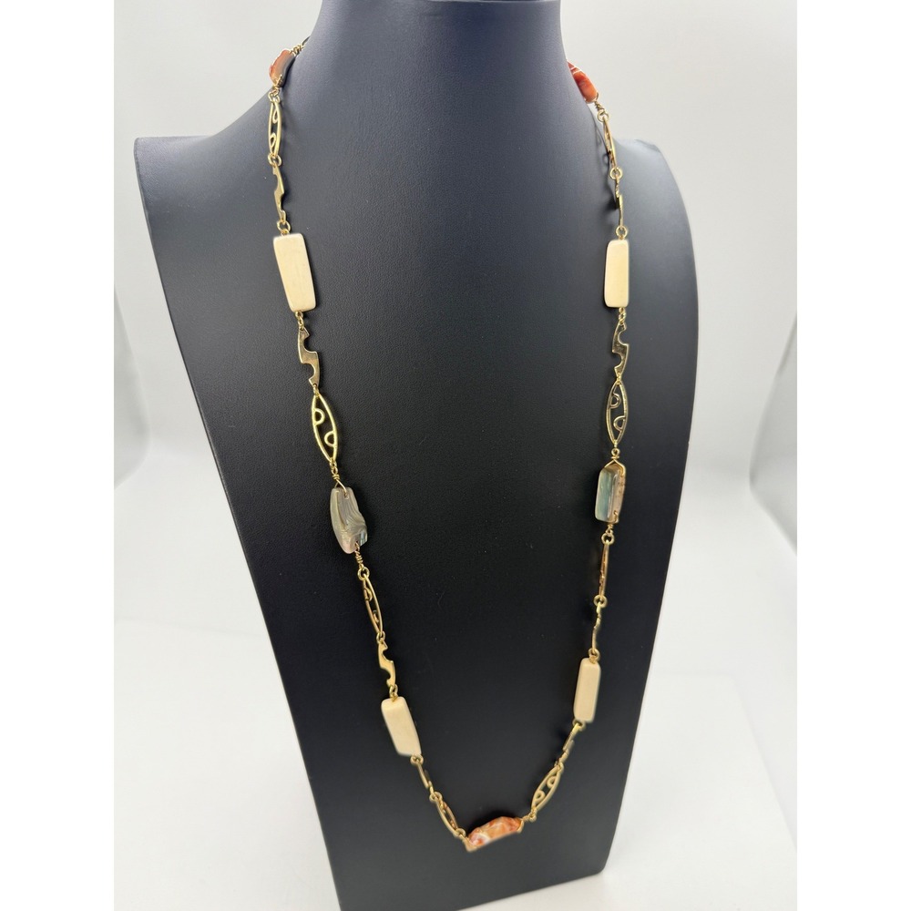 Vintage Artisanal‎ Gold Tone Shell Bone and Coral Color Station Long Necklace